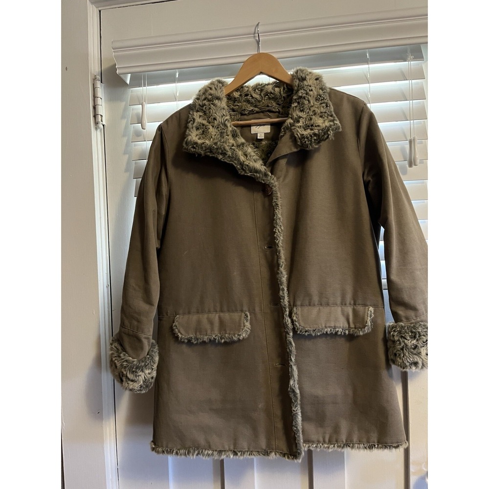 J Jill Womens Mid Length Jacket Swirl Faux Fur Lined Button Up Sz Med